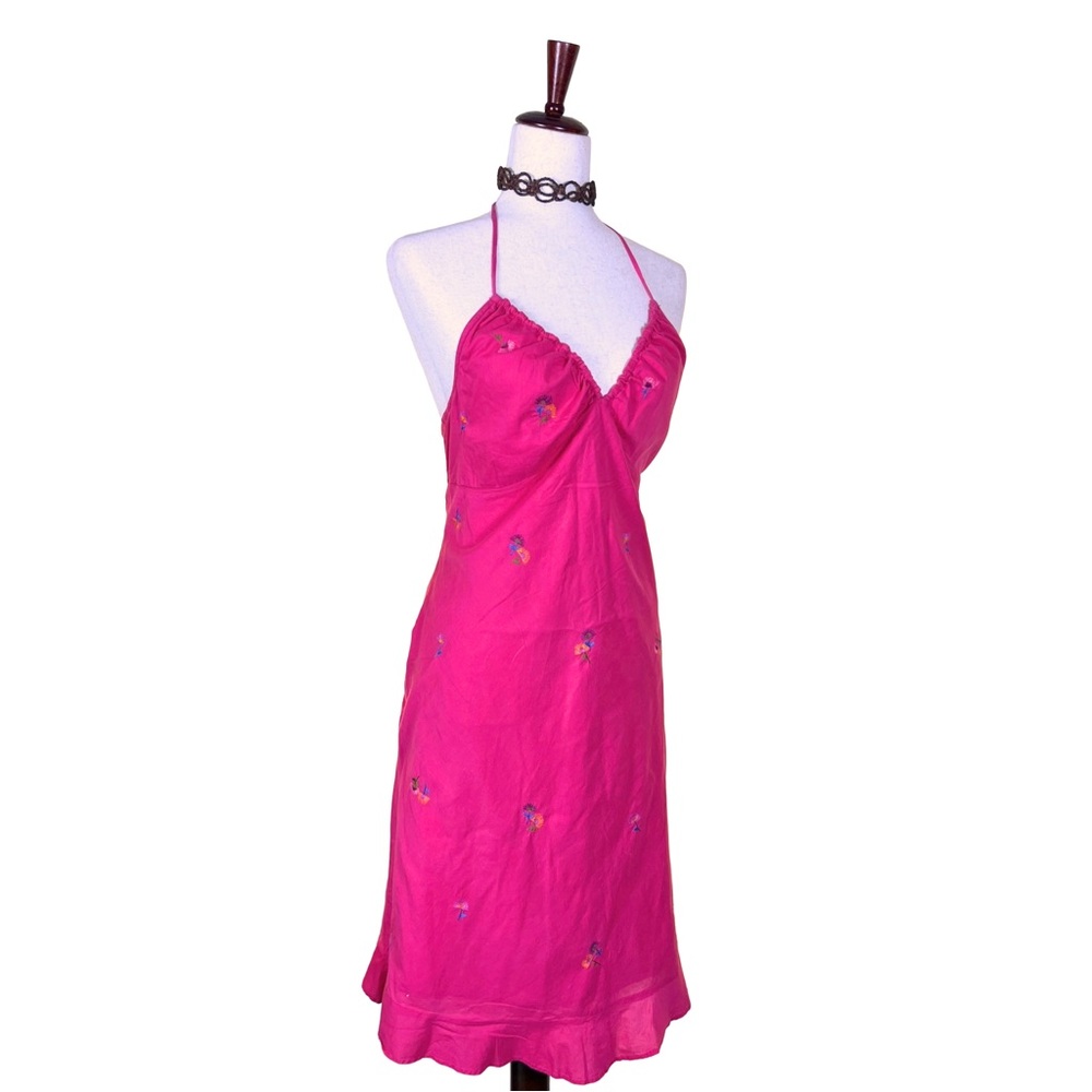 Vintage Express Pink Slip Halter Dress Sz 9/10 Y2K Floral Embroidered.